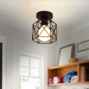 Farmhouse Hexagon Semi Flush Mount Light Iron 1 Bulb Indoor Ceiling Lamp with Wire Cage Shade in Black