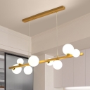 Linear Ceiling Hanging Light Postmodern Cream Bubble Glass Living Room Island Lamp in Wood