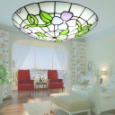 Stained Glass Flower and Leaf Ceiling Light Dining Room Tiffany Rustic Flush Light in Green