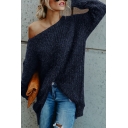 Navy Blue Solid One Shoulder Long Sleeve Loose Fit Fuzzy Knit Soft Pullover Sweater