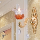 Traditional Flower Up Chandelier 1/2/18-Bulb Hand-Blown Clear and Amber Glass Wall Lamp in Gold