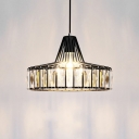Round Pendant Lamp Minimalist Crystal 1 Light Dining Room Pendulum Light in Black with Metal Frame