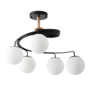 Curly Semi Flush Mount Chandelier Nordic Metallic Bedroom Ceiling Light with Ball White Glass Shade