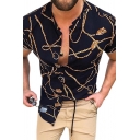 Men Modern Shirt Chain Pattern Button-down Short Sleeves Collarless Slim Fitted Shirt