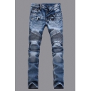 Modern Men Jeans Shredded Stretch Denim Two-Pocket Styling Zip-Fly Deep-Washing Slim Jeans