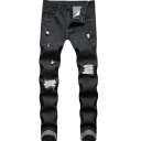 Trendy Jeans Light Wash Distressed Zipper Fly Full Length Slim Fit Jeans for Men