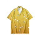 Men Creative Shirt Geometric Print Front Pocket Lapel Collar Button up Short Sleeve Loose Shirt