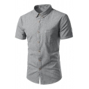 Mens Basic Shirt Stripe Print Button Collar Breast Pocket Short Sleeve Button-down Fitted Shirt