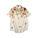 White Casual Shirt Flower Printed Turn Down Collar Short Sleeve Button Closure Loose Shirt for Men