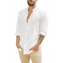 Men Leisure Shirt Solid Color Button Closure Long Sleeve Collarless Regular Fit Shirt Top