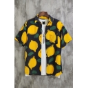 Mens Fancy Shirt All over Lemon Printed Short Sleeve Point Collar Button Up Relaxed Shirt Top