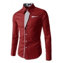 Creative Men's Shirt Contrast Color Button Closure Turn-down Collar Long Sleeve Fitted Shirt Top