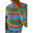 Fashion Mens Sweater Striped Knit Long Sleeve Crew Neck Slim Pullover Sweater Top in Blue-Green