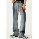 Men Stylish Jeans Faded Effect Zip Closure Two-Pocket Styling Stretch Denim Oversize Jeans in Blue