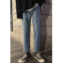 Street Style Jeans Solid Color Mid Waist Zip Closure Straight Jeans for Men