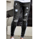 Men Modern Jeans Pure Color Distressed Stretch Denim Two-Pocket Styling Zip Closure Slim Fitted Jeans