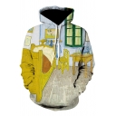 Fashionable Hoodie Oil Painting Pattern Long Sleeves Front Pocket Drawcord Loose Hoodie for Men