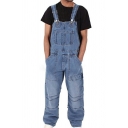 Casual Washed Denim Jeans Multi-Pockets Zipper Fly Adjustable Straps Oversized Mens Overalls Jeans