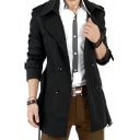 Retro Trench Coat Plain Long Sleeve Notched Collar Double Breasted Epaulette Lace Up Slim Trench Coat Lace Up for Men