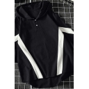 Stylish Black Hoodie Stripe Pattern 3/4 Sleeve Button Detail Loose Fit Hoodie for Guys