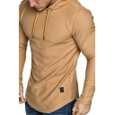 Simple Drawstring Hoodie Solid Color Curved Hem Long Sleeve Slim Fitted Hoodie for Guys