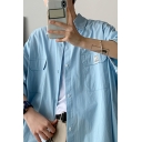 Street Look Shirt Solid Color Flap Pocket 3/4 Sleeve Point Collar Button-down Relaxed Fit Shirt Top for Men