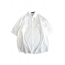 Cool Shirt Plain Flap Front Pockets Button-down Half Sleeves Point Collar Loose Shirt for Men