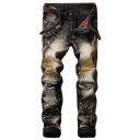 Retro Style Men's Jeans Distressed Print Mid-Rise Zip-Fly Slim-Fit Long Jeans