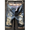 Retro Jeans Distressed Ripped Patch Mid-Rise Zip Straight-Leg Denim Shorts for Men