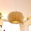 Nest Design Round 1-Head Pendant Asian Style Living Room Beige Rattan Hanging Lamp