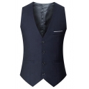Basic Mens Suit Vest Plain Chest Pocket Buckle Back Single-Breasted V-Neck Slim Waistcoat