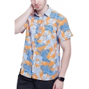 Men Fancy Shirt Tropical Plant Leaf Patterned Lapel Collar Button-up Short Sleeves Regular Fit Shirt