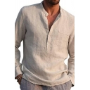 Men Modern Shirt Pure Color Long Sleeve Collarless Button-down Regular Fit Shirt Top