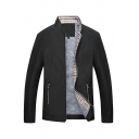 Leisure Jacket Plain Zip Closure Pockets Detail Stand Collar Long Sleeve Fitted Jacket for Men