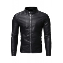 Simple Mens PU Jacket Pure Color Stand Collar Regular Fit Long Sleeve Zipper-down Leather Jacket in Black