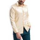 Dashing Mens Button Shirt Satin Solid Color Long Sleeve Spread Collar Regular Fit Shirt
