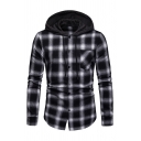 Modern Shirt Plaid Patterned Button-down Long Sleeves Hooded Fitted Shirt for Men