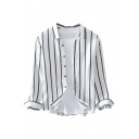 Casual Mens Shirt Stripe Printed Button-up Long-Sleeve Linen Lapel Loose Shirt