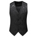 Unique Suit Vest Floral Pocket Detail V-Neck Single Breasted Skinny Fitted Suit Vest for Men