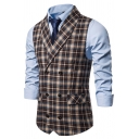 Chic Mens Waistcoat Stripe Pattern Flap Pockets Turn Down Collar Double Breasted Buckle Back Slim Suit Vest