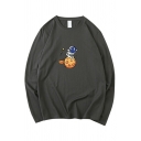 Streetwear Guys Sweatshirt Cartoon Astronauts Print Long Sleeve Round Neck Pullover Loose Sweatshirt