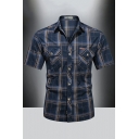 Men's Trendy Shirt Plaid Printed Flap Pockets Short Sleeves Button-up Fitted Lapel Shirt