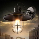 Industrial Wall Sconce in Nautical Style 10 Inchs Height Single Light with Metal Cage in Black