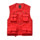 Chic Mens Vest Pure Color Mesh Cloth Patchwork Pocket Detail V-Neck Utility Loose Zip-up Cargo Vest