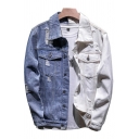 Unique Men's Jacket Distressed Turn Down Collar Color Block Single-Breasted Flap Pockets Fitted Denim Jacket
