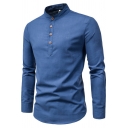 Men‘s Basic Shirt Solid Color Long Sleeve Stand Collar Button Up Slim Shirt Top