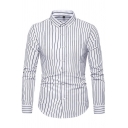 Formal Men's Shirt Stripe Print Buttoned Collar Long Sleeve Button Up Fit Shirt Top