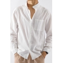 Basic Shirt Solid Color Long Sleeve Stand Collar Button Up Relaxed Fit Shirt for Men
