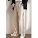 Elegant Men's Pants Solid Color Pocket Detailed Straight Trousers