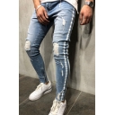 Chic Men's Jeans Striped Patterned Ripped Bleach Mid Rise Ankle Length Slim Fitted Jeans